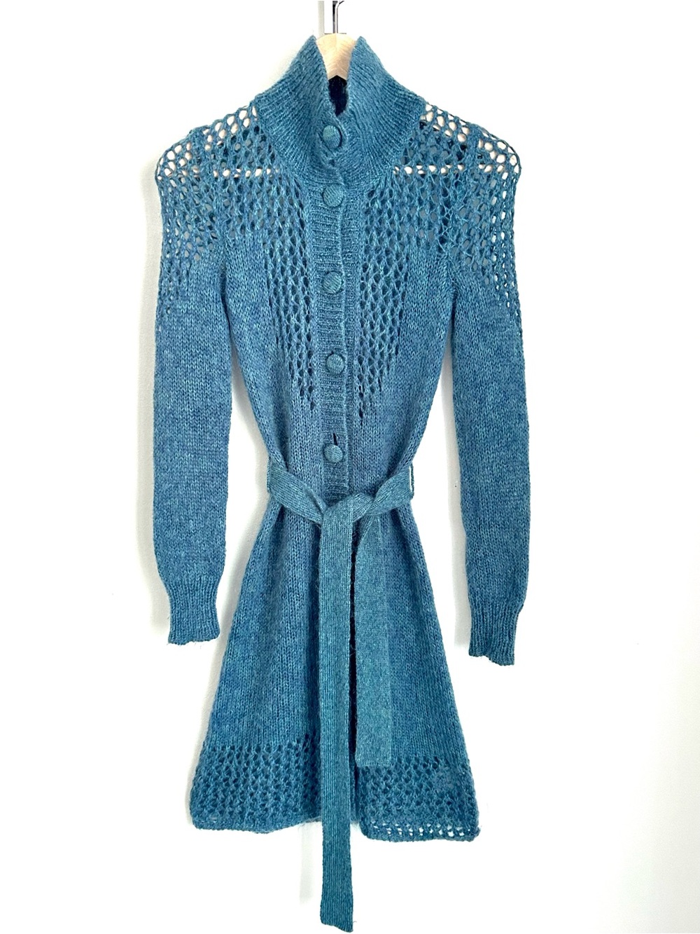 Babaton Aritzia Soft Teal Long Knit Buttoned Cardigan with Belt, Size XS
